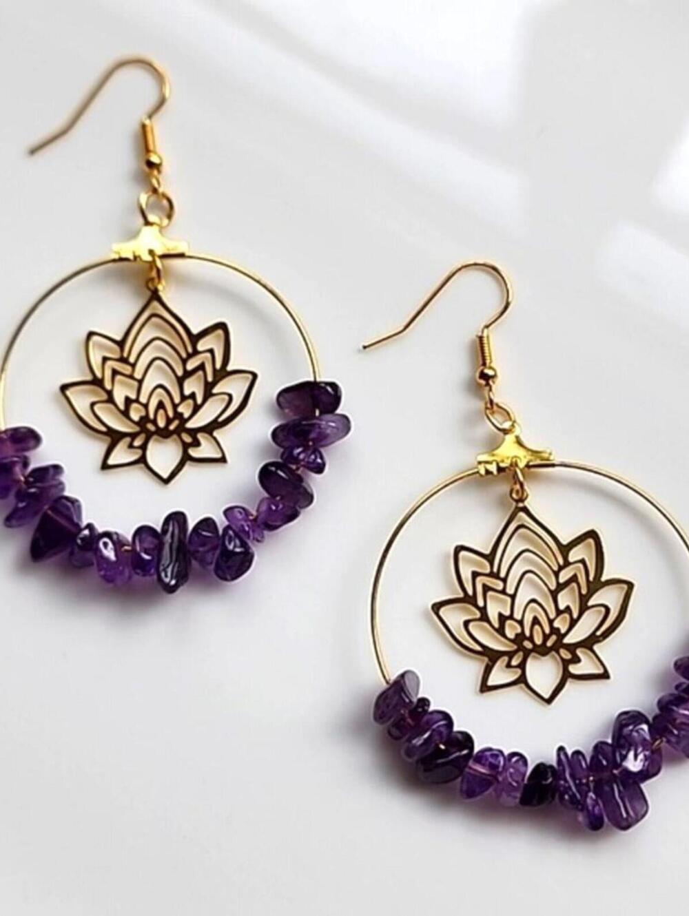 Sacred Lotus Genuine Amethyst Gold Boho Flower Hoop Earrings